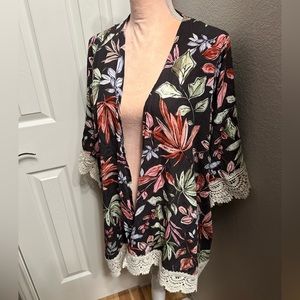 Front of Closet Black Tropical Print Open Kimono